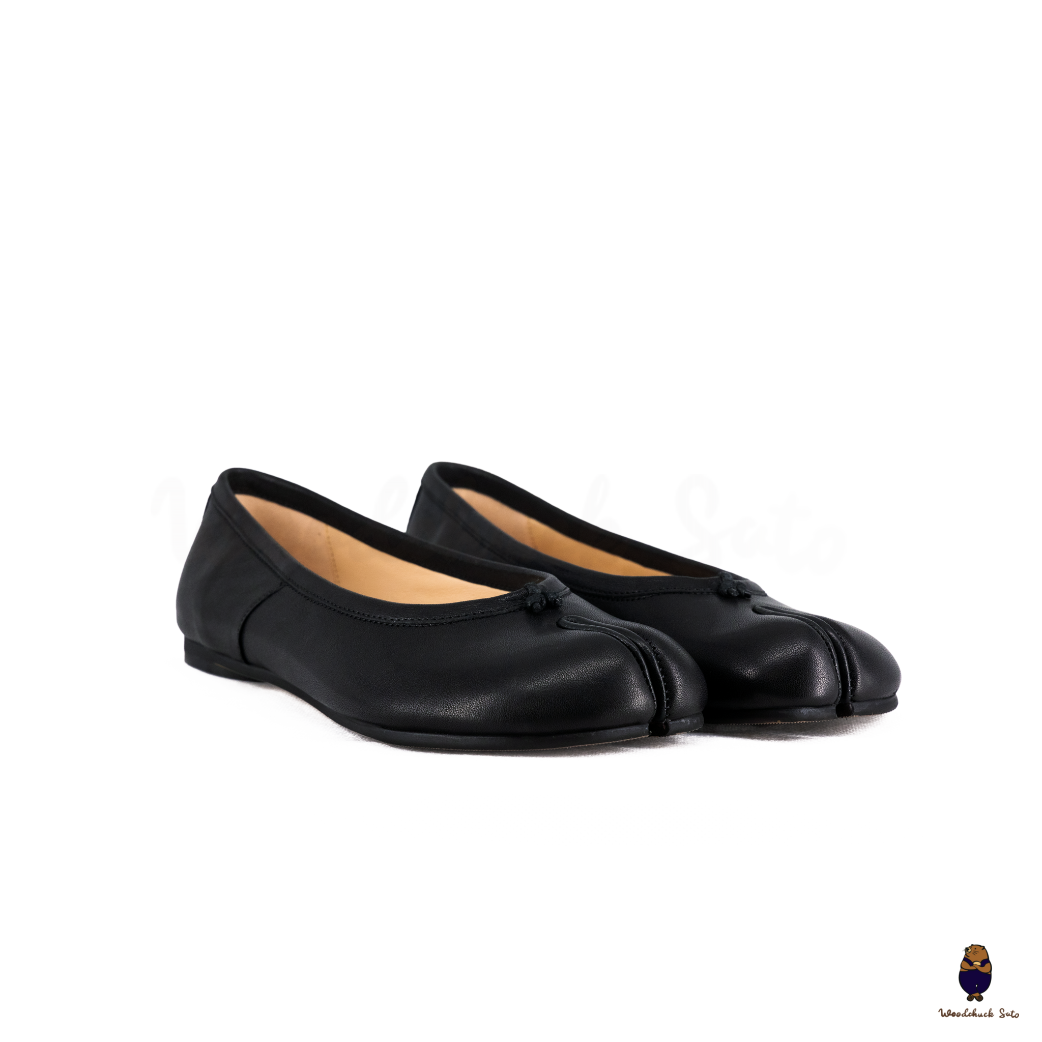 WoodChuckSato Women's Men's Black Tabi Split-Toe Leather Ballet Flats Sizes EU 35-45