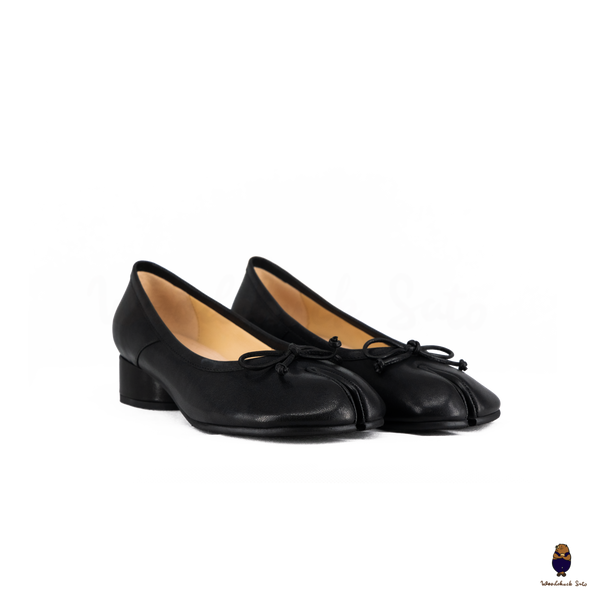 WoodChuckSato Women's Black Tabi Split-Toe Leather Mary Jane Shoes with 3cm Heel & Bow Sizes EU 35-45
