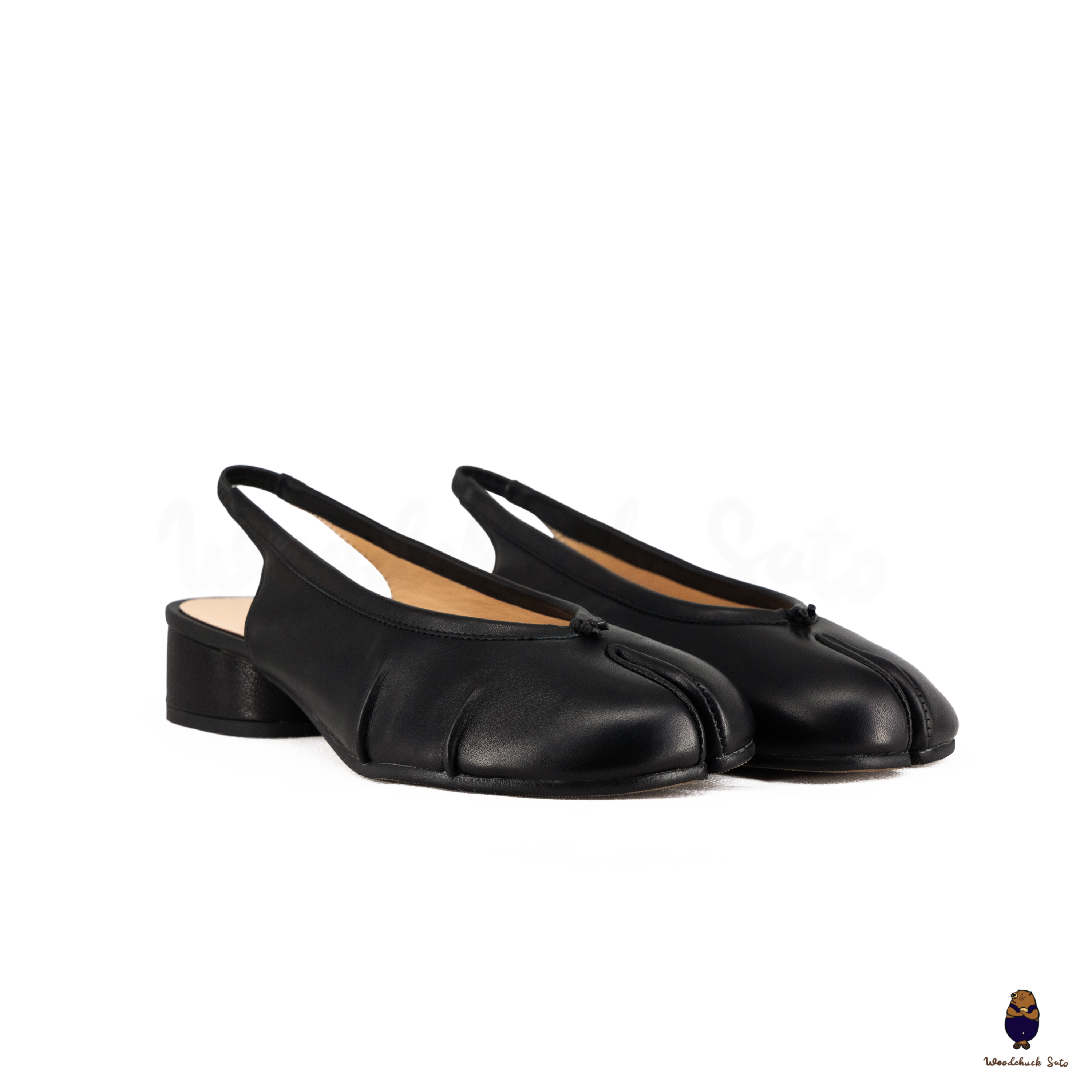 WoodchuckSato Black Leather Tabi Slingback 3 cm Heels with Side