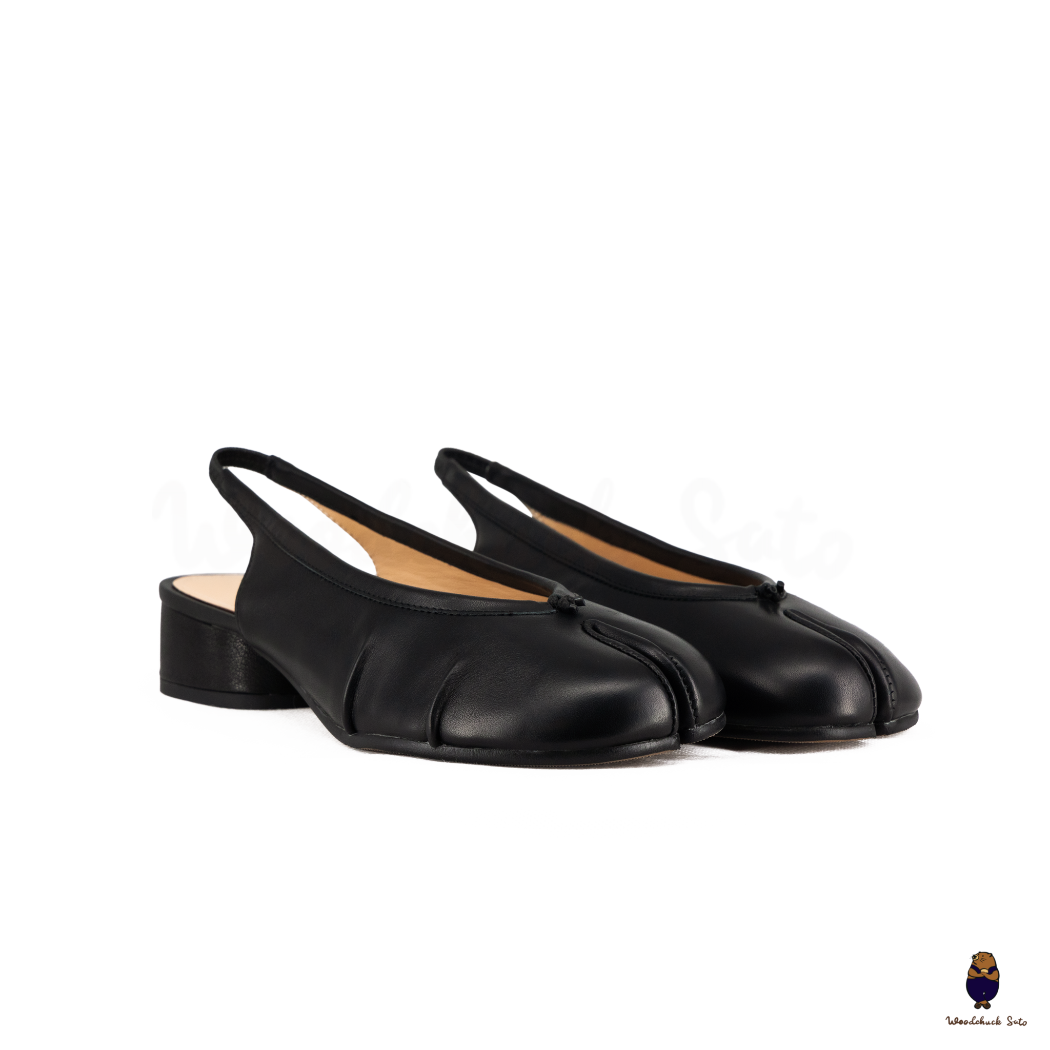 WoodchuckSato Black Leather Tabi Slingback Low Block Heels with Side Fold Detail