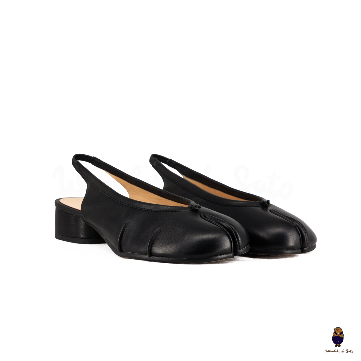 WoodchuckSato Black Leather Tabi Slingback 3 cm Heels with Side Ruched