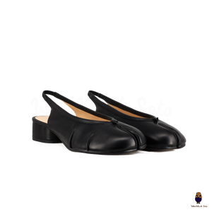 WoodchuckSato Black Leather Tabi Slingback Low Block Heels with Side Fold Detail