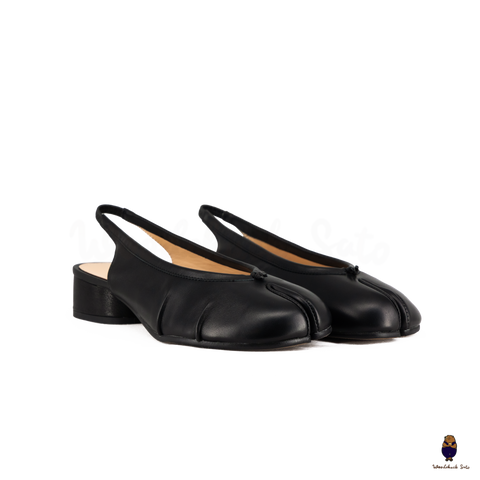 WoodchuckSato Black Leather Tabi Slingback Low Block Heels with Side Fold Detail
