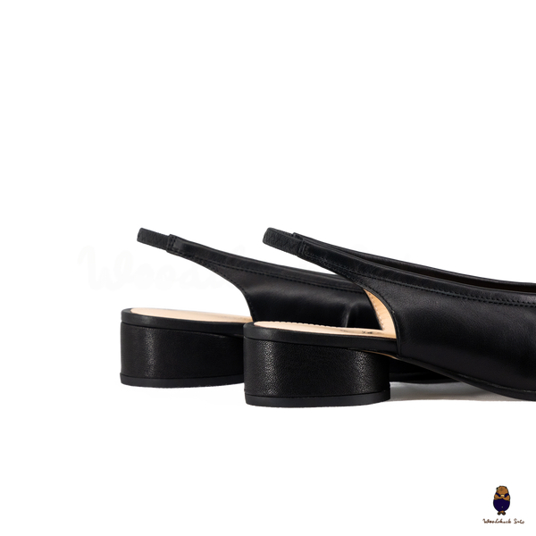 WoodchuckSato Black Leather Tabi Slingback Low Block Heels with Side Fold Detail