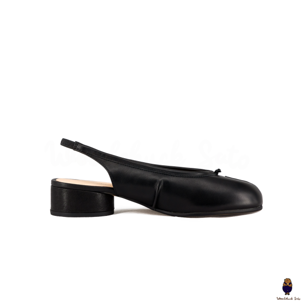 WoodchuckSato Black Leather Tabi Slingback Low Block Heels with Side Fold Detail