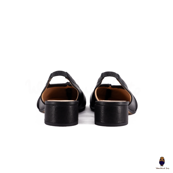 WoodchuckSato Black Leather Tabi Slingback Low Block Heels with Side Fold Detail