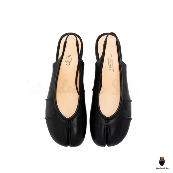 WoodchuckSato Black Leather Tabi Slingback Low Block Heels with Side Fold Detail