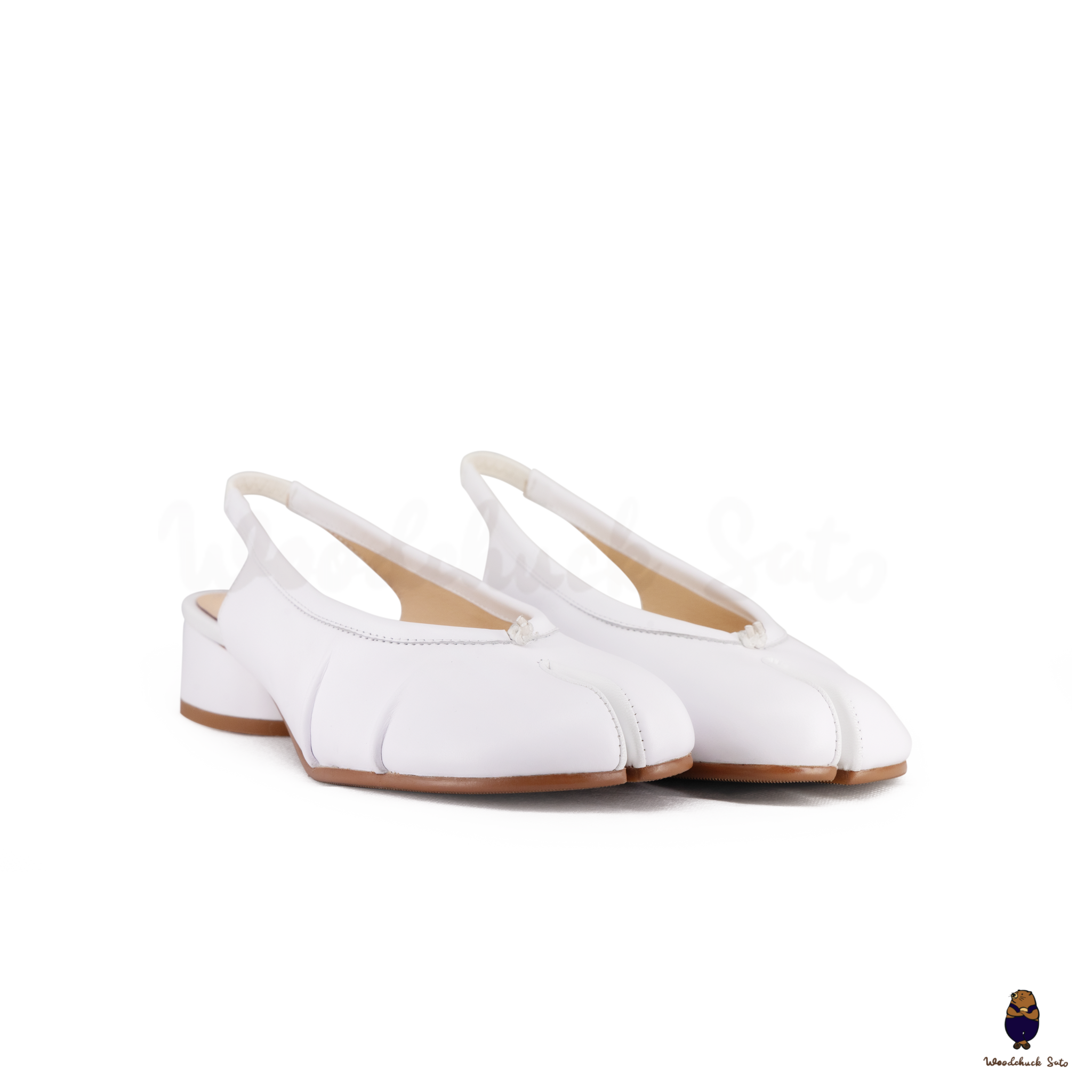 WoodchuckSato White Leather Tabi Slingback Low Block Heels with Side Fold Detail
