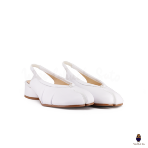 WoodchuckSato White Leather Tabi Slingback Low Block Heels with Side Fold Detail