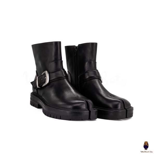 WoodchuckSato Black Cow Leather Tabi Split-Toe Platform Buckle Boots