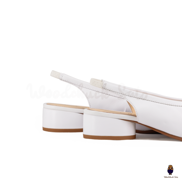 WoodchuckSato White Leather Tabi Slingback Low Block Heels with Side Fold Detail