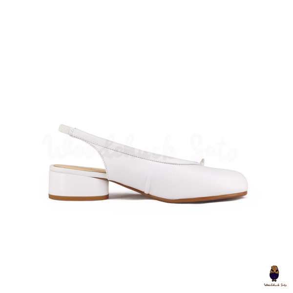 WoodchuckSato White Leather Tabi Slingback Low Block Heels with Side Fold Detail