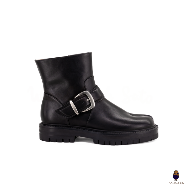 WoodchuckSato Black Cow Leather Tabi Split-Toe Platform Buckle Boots