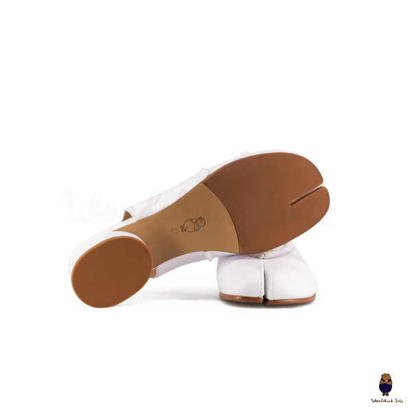 WoodchuckSato White Leather Tabi Slingback Low Block Heels with Side Fold Detail