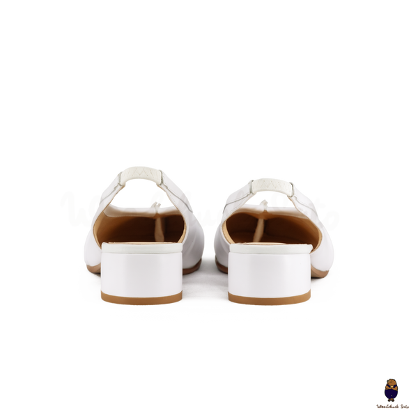 WoodchuckSato White Leather Tabi Slingback Low Block Heels with Side Fold Detail