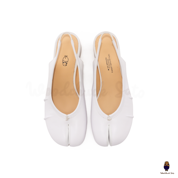 WoodchuckSato White Leather Tabi Slingback Low Block Heels with Side Fold Detail