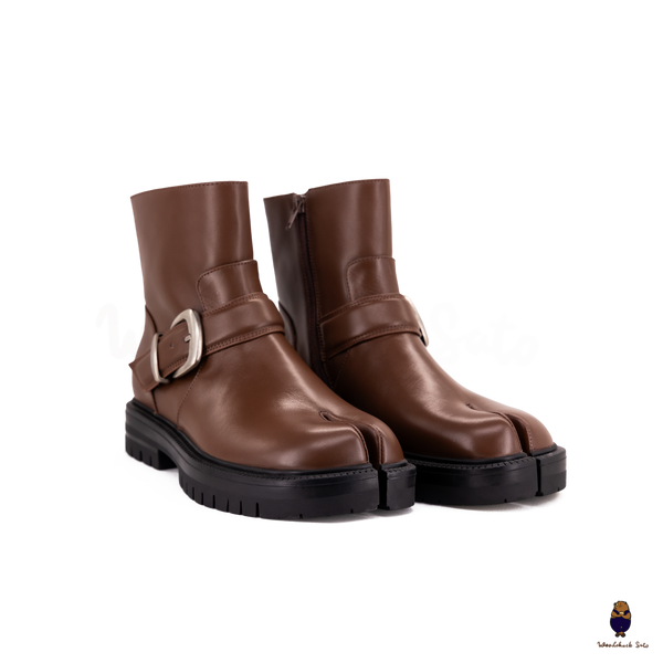 WoodchuckSato Brown Cow Leather Tabi Split-Toe Platform Buckle Boots