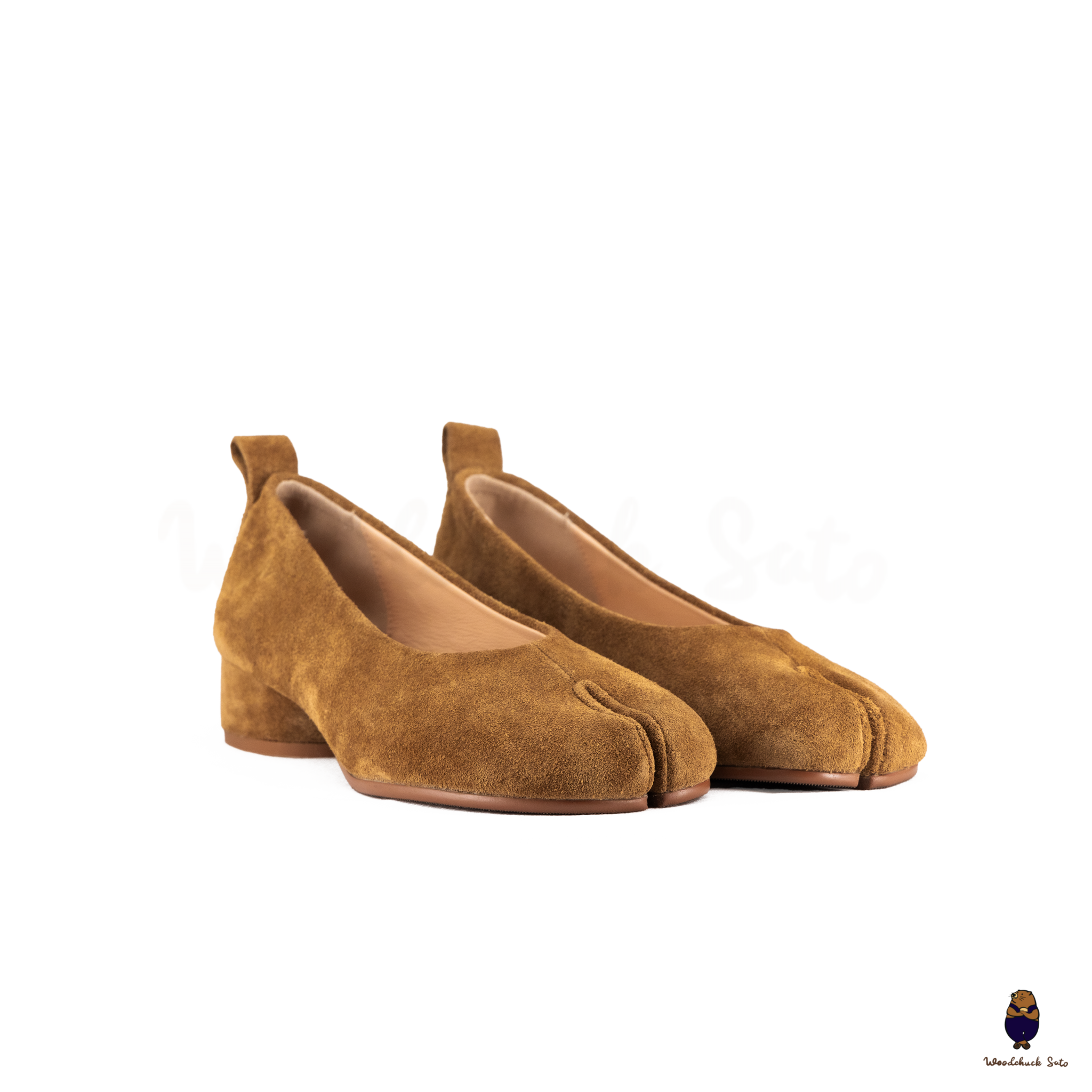 WoodchuckSato Brown Suede Cowhide Tabi Low Block Heel Pumps