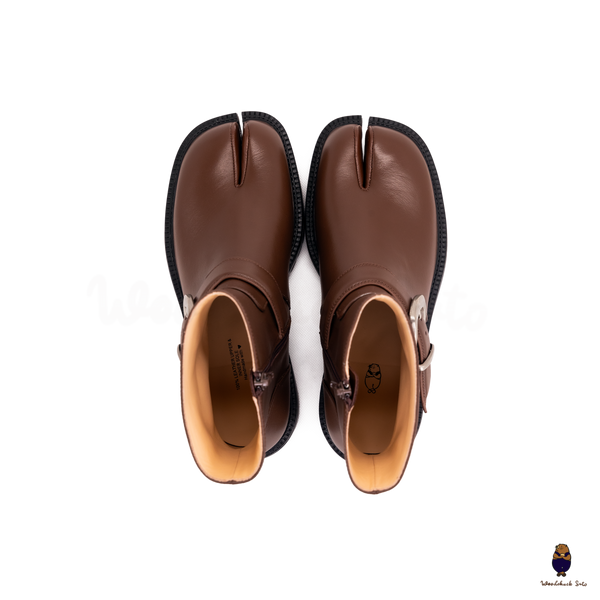 WoodchuckSato Brown Cow Leather Tabi Split-Toe Platform Buckle Boots