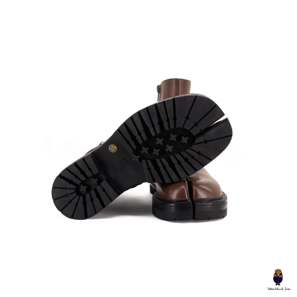 WoodchuckSato Brown Cow Leather Tabi Split-Toe Platform Buckle Boots