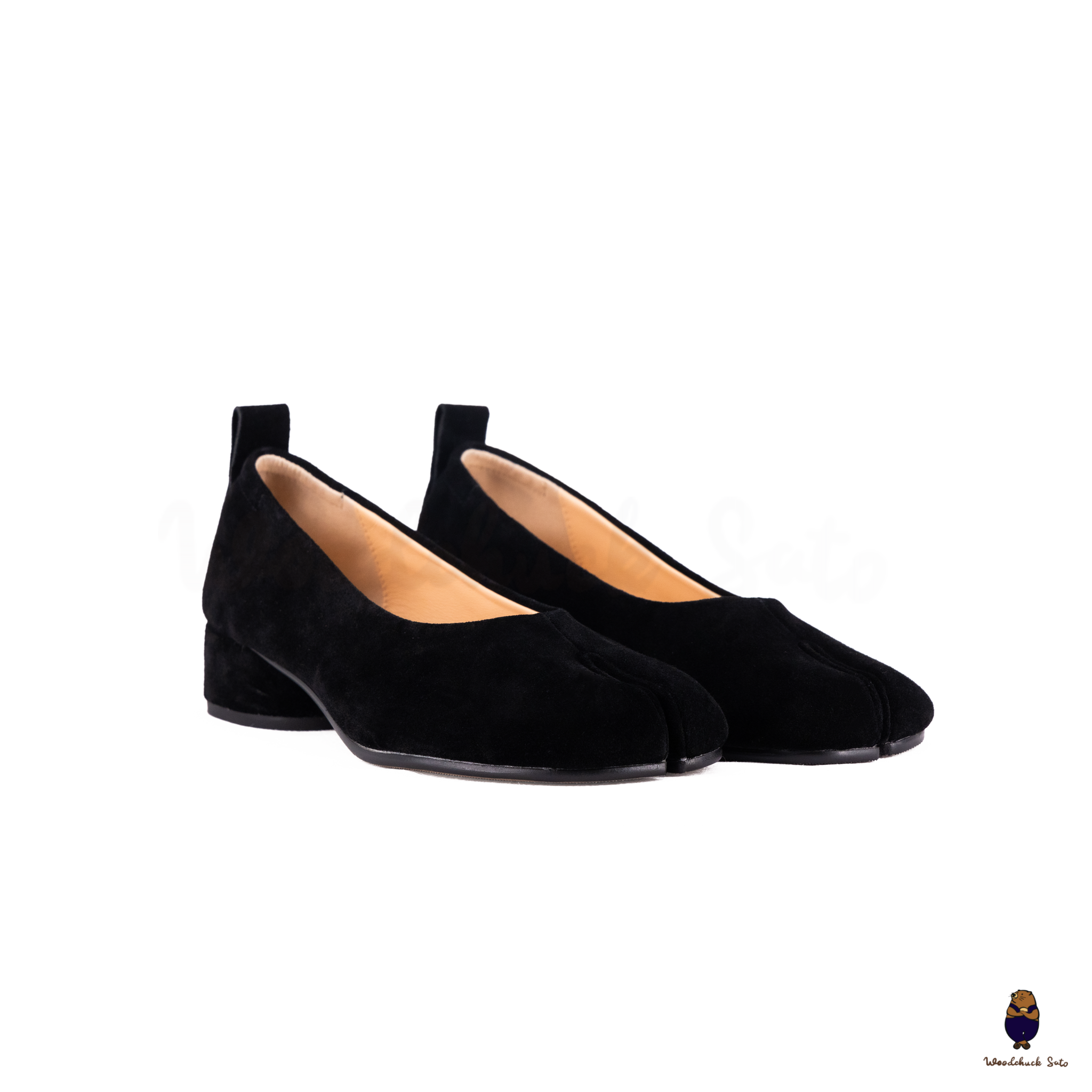 WoodchuckSato Black Suede Tabi Low Block Heel Pumps