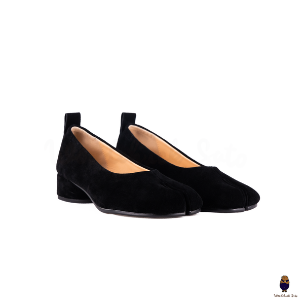 WoodchuckSato Black Suede Tabi Low Block Heel Pumps