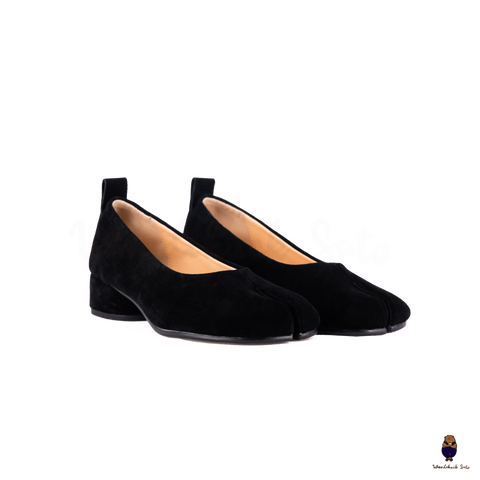 WoodchuckSato Black Suede Tabi Low Block Heel Pumps