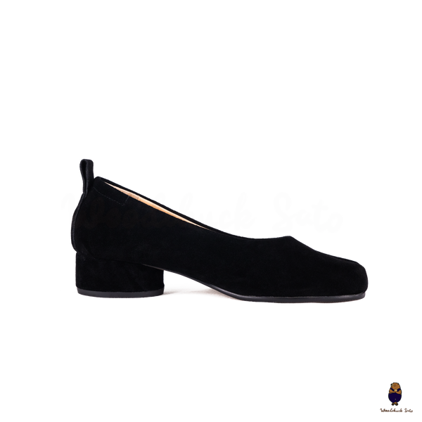 WoodchuckSato Black Suede Tabi Low Block Heel Pumps