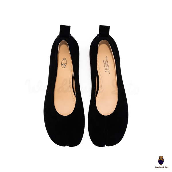 WoodchuckSato Black Suede Tabi Low Block Heel Pumps