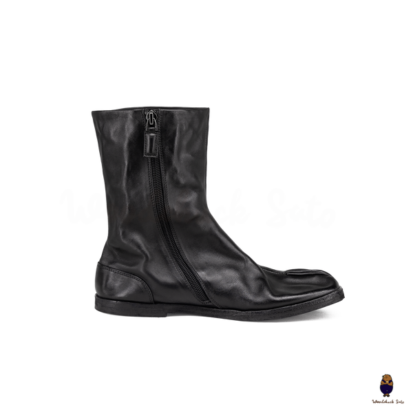 WoodchuckSato Black Horse Leather Tabi Split-Toe Flat Zip Boots
