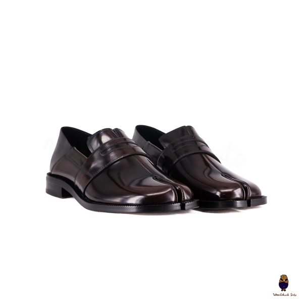 WoodchuckSato Espresso Brown Fold-Heel Edge-Beaded Cowhide Leather Penny Strap Tabi Loafers