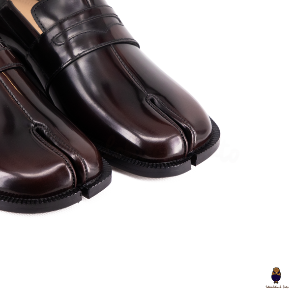 WoodchuckSato Espresso Brown Fold-Heel Edge-Beaded Cowhide Leather Penny Strap Tabi Loafers