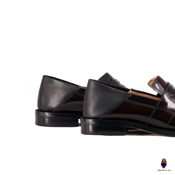 WoodchuckSato Espresso Brown Fold-Heel Edge-Beaded Cowhide Leather Penny Strap Tabi Loafers