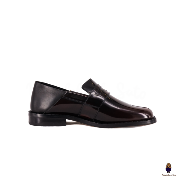 WoodchuckSato Espresso Brown Fold-Heel Edge-Beaded Cowhide Leather Penny Strap Tabi Loafers