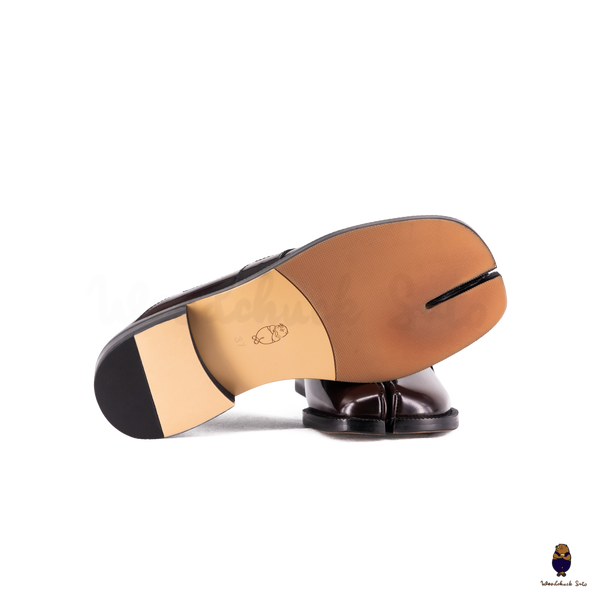 WoodchuckSato Espresso Brown Fold-Heel Edge-Beaded Cowhide Leather Penny Strap Tabi Loafers