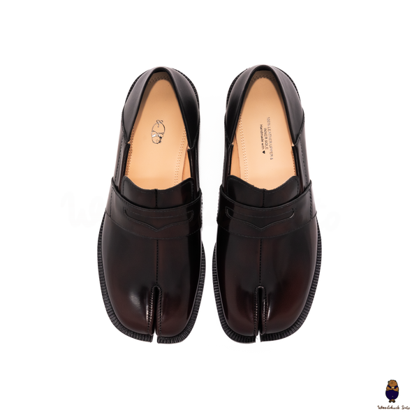 WoodchuckSato Espresso Brown Fold-Heel Edge-Beaded Cowhide Leather Penny Strap Tabi Loafers