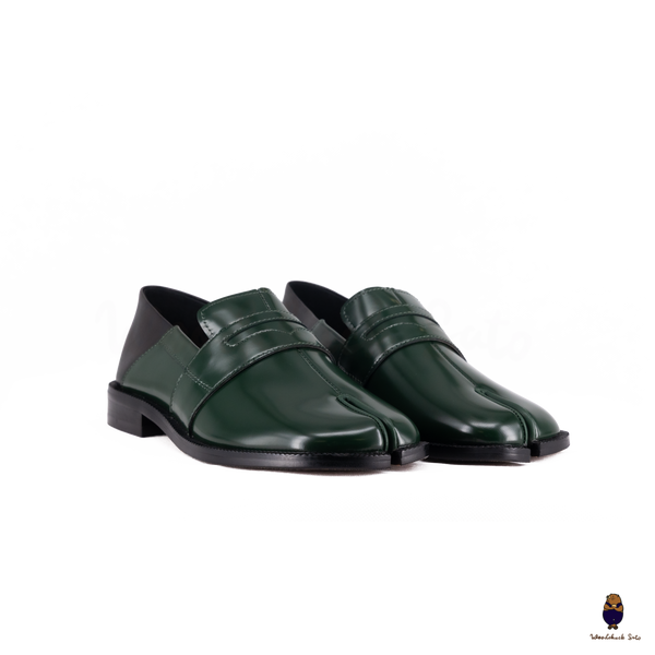 WoodchuckSato Forest Green Fold-Heel Edge-Beaded Cowhide Leather Penny Strap Tabi Loafers