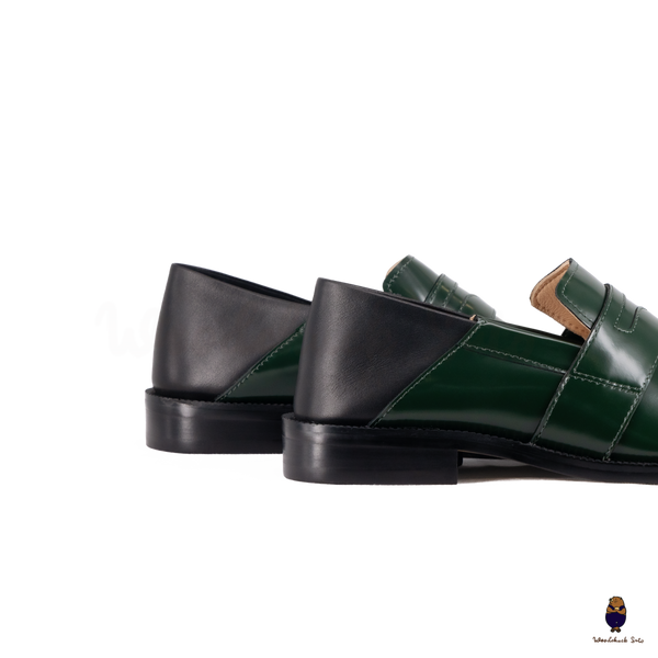 WoodchuckSato Forest Green Fold-Heel Edge-Beaded Cowhide Leather Penny Strap Tabi Loafers