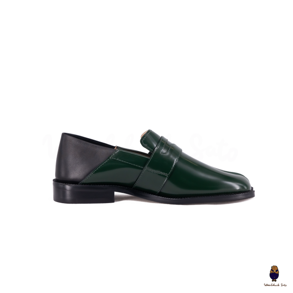 WoodchuckSato Forest Green Fold-Heel Edge-Beaded Cowhide Leather Penny Strap Tabi Loafers