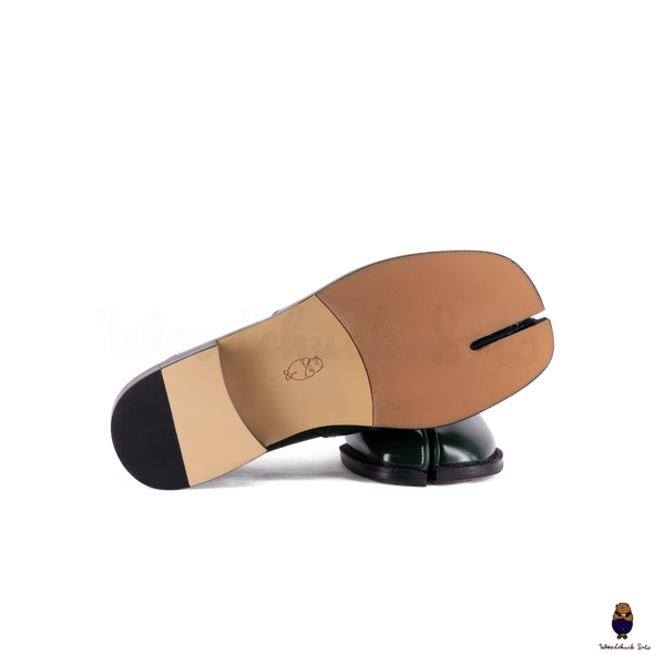 WoodchuckSato Forest Green Fold-Heel Edge-Beaded Cowhide Leather Penny Strap Tabi Loafers
