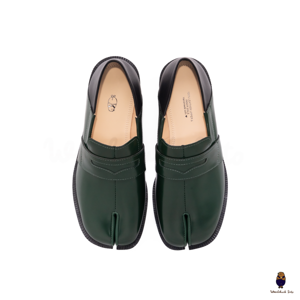 WoodchuckSato Forest Green Fold-Heel Edge-Beaded Cowhide Leather Penny Strap Tabi Loafers