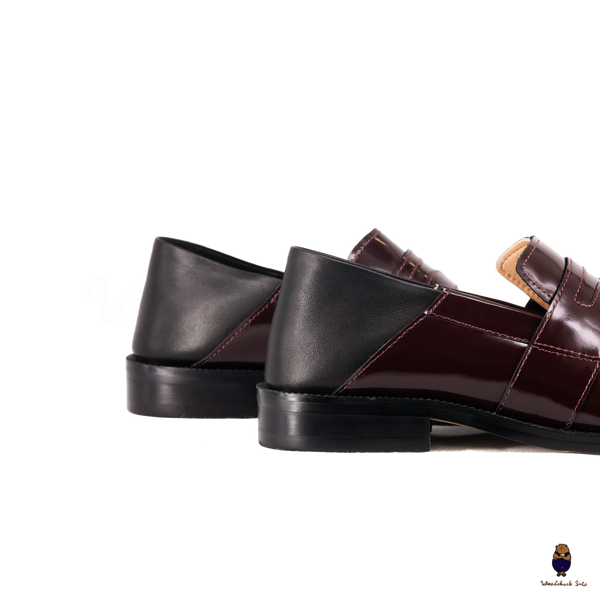 WoodchuckSato Burgundy Fold-Heel Edge-Beaded Cowhide Leather Penny Strap Tabi Loafers