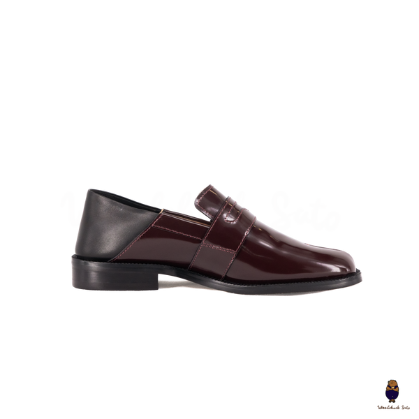WoodchuckSato Burgundy Fold-Heel Edge-Beaded Cowhide Leather Penny Strap Tabi Loafers