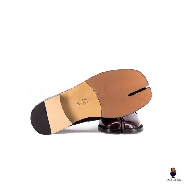 WoodchuckSato Burgundy Fold-Heel Edge-Beaded Cowhide Leather Penny Strap Tabi Loafers