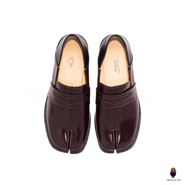 WoodchuckSato Burgundy Fold-Heel Edge-Beaded Cowhide Leather Penny Strap Tabi Loafers