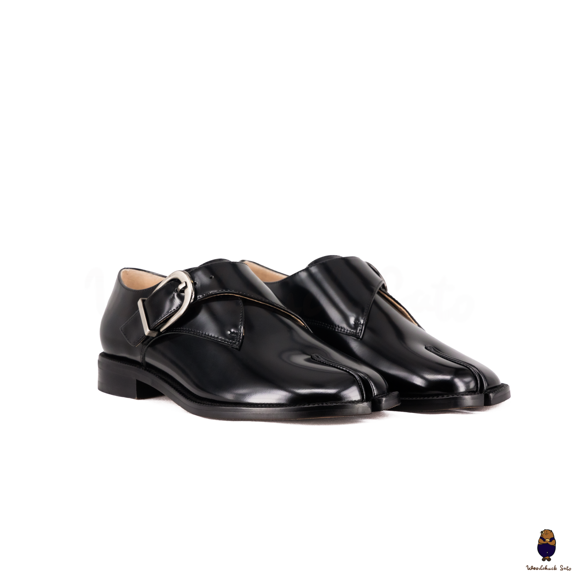 WoodchuckSato Black Edge-Beaded Cowhide Leather Tabi Monk Strap Shoes