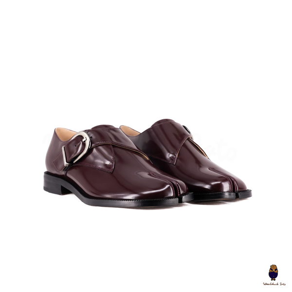 WoodchuckSato Burgundy Edge-Beaded Cowhide Leather Tabi Monk Strap Shoes