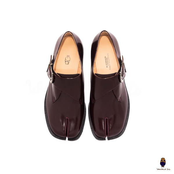 WoodchuckSato Burgundy Edge-Beaded Cowhide Leather Tabi Monk Strap Shoes