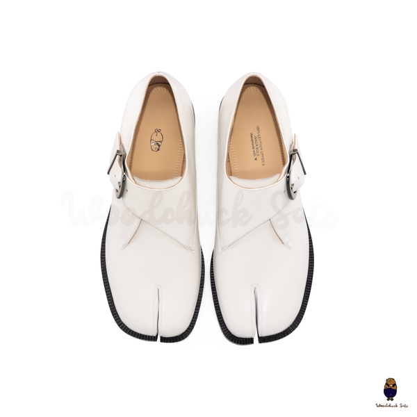 WoodchuckSato White Edge-Beaded Cowhide Leather Tabi Monk Strap Shoes