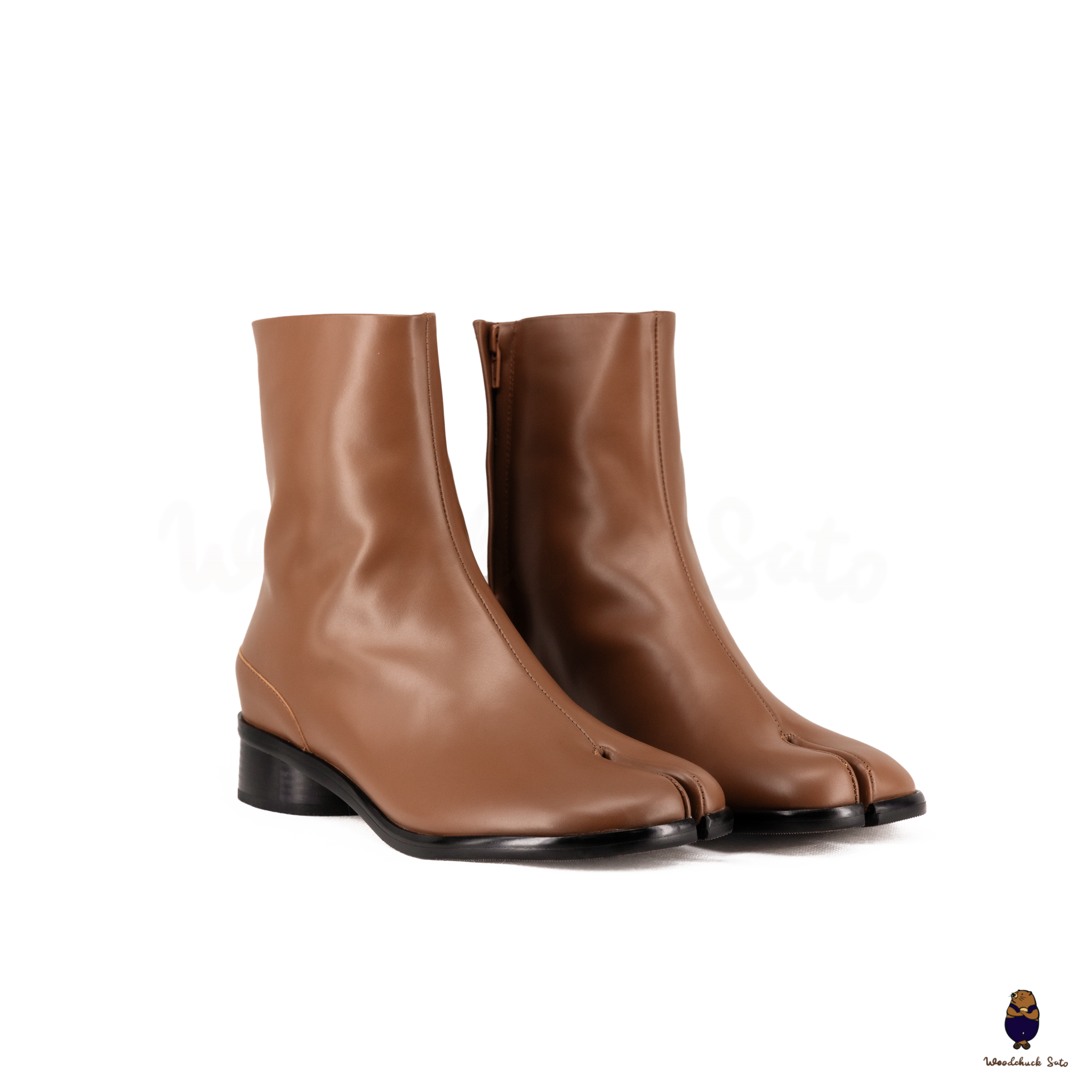 WoodchuckSato Brown Cow Leather Tabi Ankle Boots with 3 cm Heel